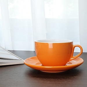 킴스아트 오렌지 카푸치노잔 250ml 잔받침세트 카페 커피잔 도자기 라떼잔