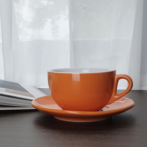 킴스아트 오렌지 라떼잔 320ml 잔받침세트 카페 커피잔 심플한 도자기 카푸치노잔