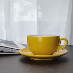킴스아트 옐로우 라떼잔 320ml 잔받침세트 카페 커피잔 심플한 도자기 카푸치노잔
